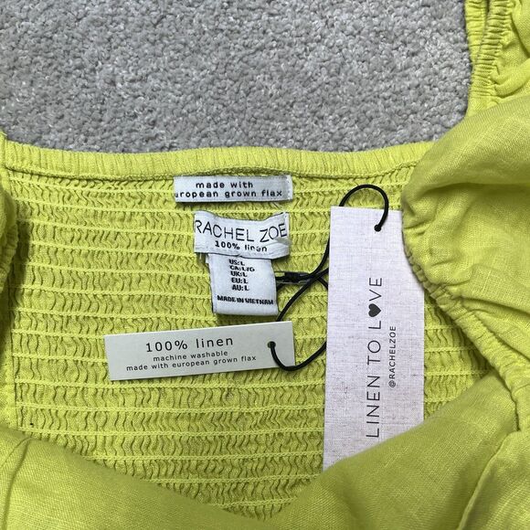 NWT Rachel Zoe 100% Linen Blouse Large Yellow Shirt Puff Sleeve Peasant Crop Top - Picture 3 of 9